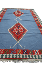 235x153 cm Qashqai Kilim Tribal Wool Rugs Hand Knotted Sky Blue - Rugoutlet